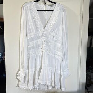 All Saints Long Sleeve White Lace Detail Ruffled Dress Smocked Back Size 6